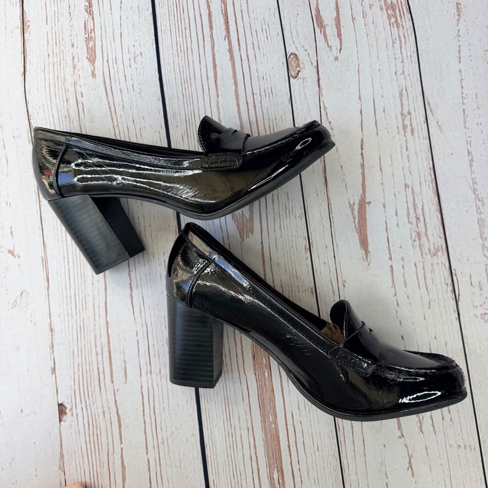 Jones New York Cypress Black Patent Heeled Loafers Block Heel Size 7.5M